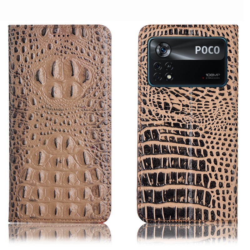 Чехол книжка из натуральной кожи противоударный магнитный для Xiaomi POCO X4 Pro 5G "CROCO CREAST"