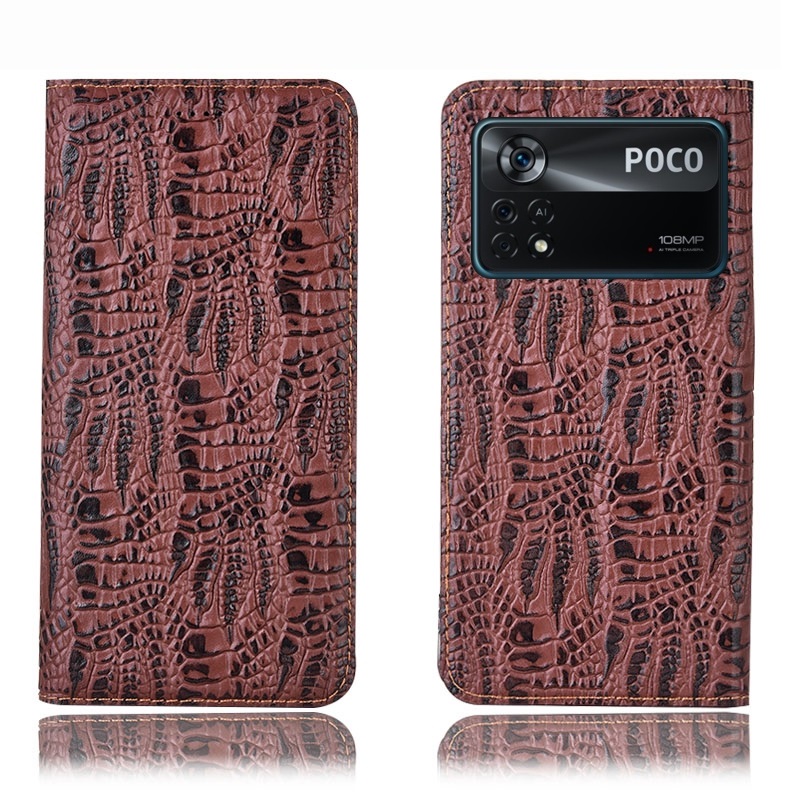 Чехол книжка из натуральной кожи противоударный магнитный для Xiaomi POCO X4 Pro 5G "CROCO PAW"