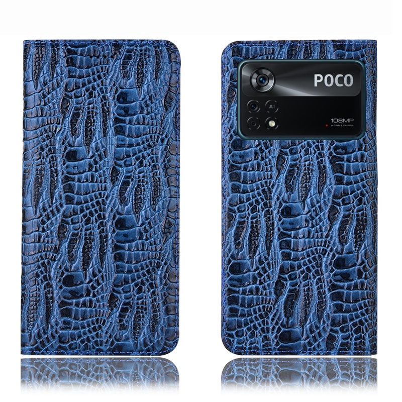 Чехол книжка из натуральной кожи противоударный магнитный для Xiaomi POCO X4 Pro 5G "CROCO PAW"